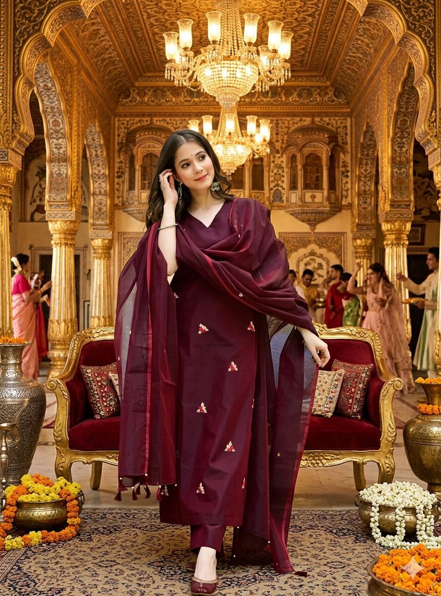 Women Khadi Cotton Kurti Pant Attached Dupatta Set-image-45