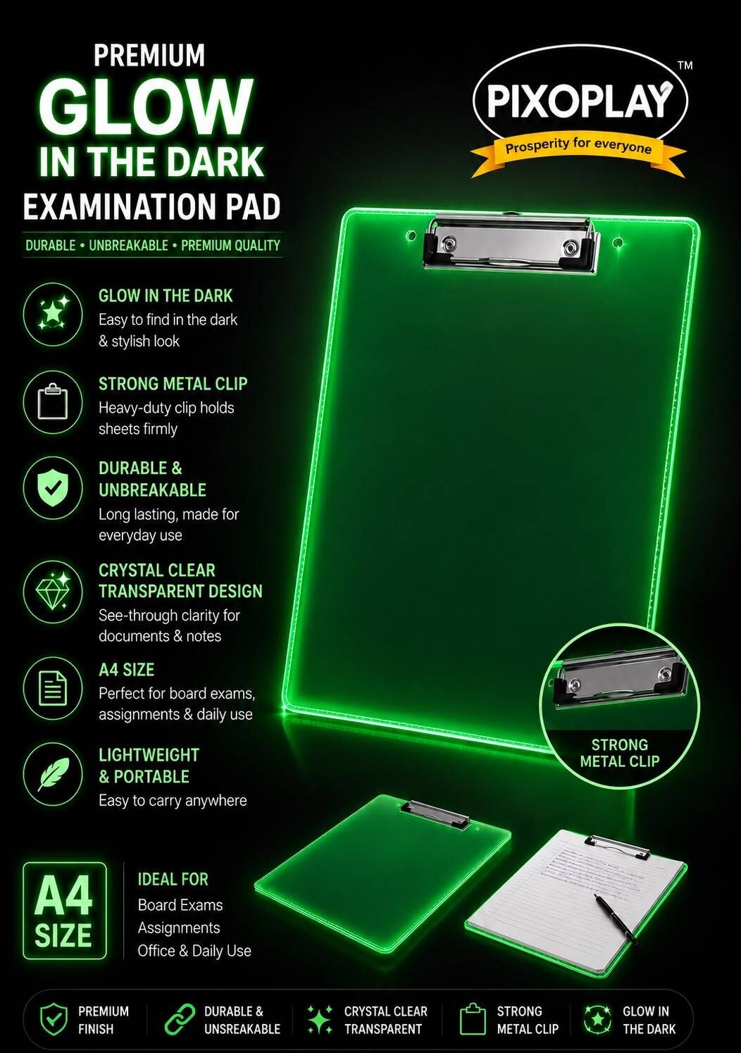 GLOW EXAM PAD with Clip Board and Office,School, College Transparent Exam Pad-image-20