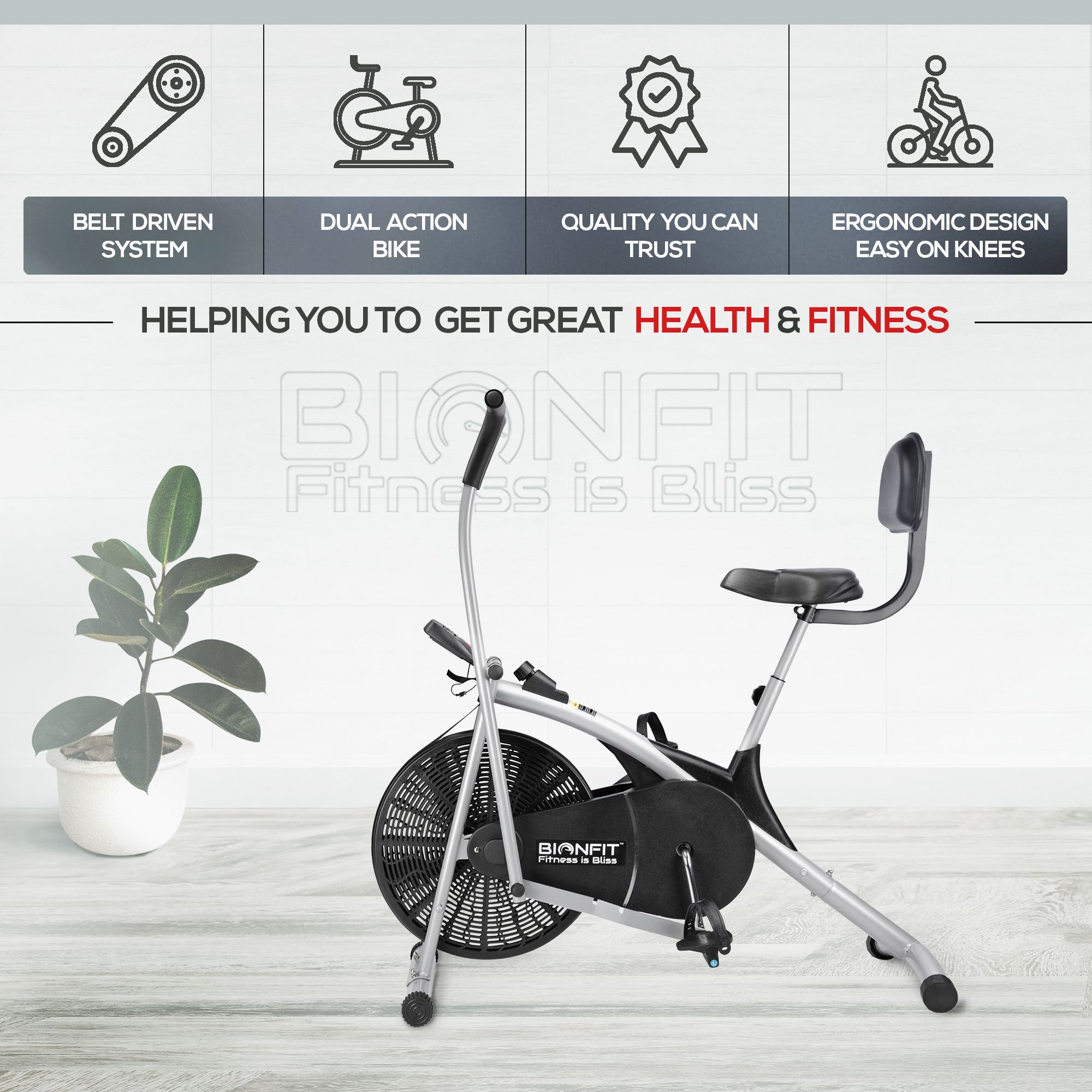 Air Bike Fitness Exercise Cycle For Home Gym Curved Moving with Back Support Dual-Action Stationary Exercise Bike-image-32