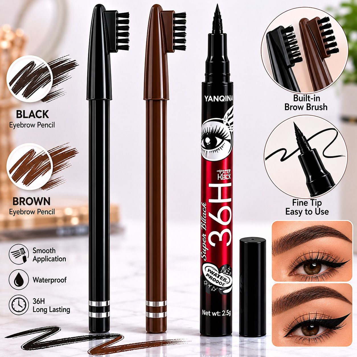 Eyebrow Pencil + Waterproof Liquid Eyeliner | Brown & Black Brow Kit for Women-image-38