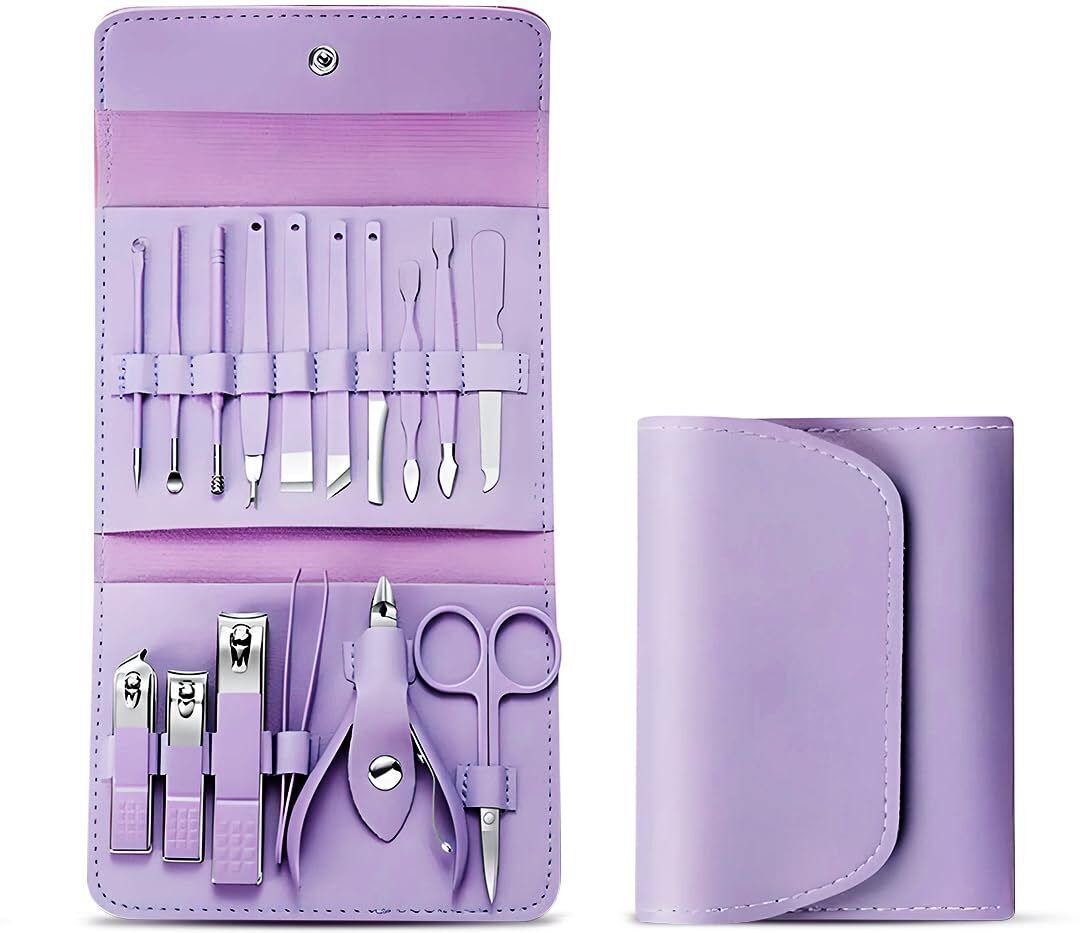 axu traders 16 IN 1 Professional Stainless Steel Manicure Pedicure Kit / Purple Grooming Kit Eyebrow Thread-picture-28