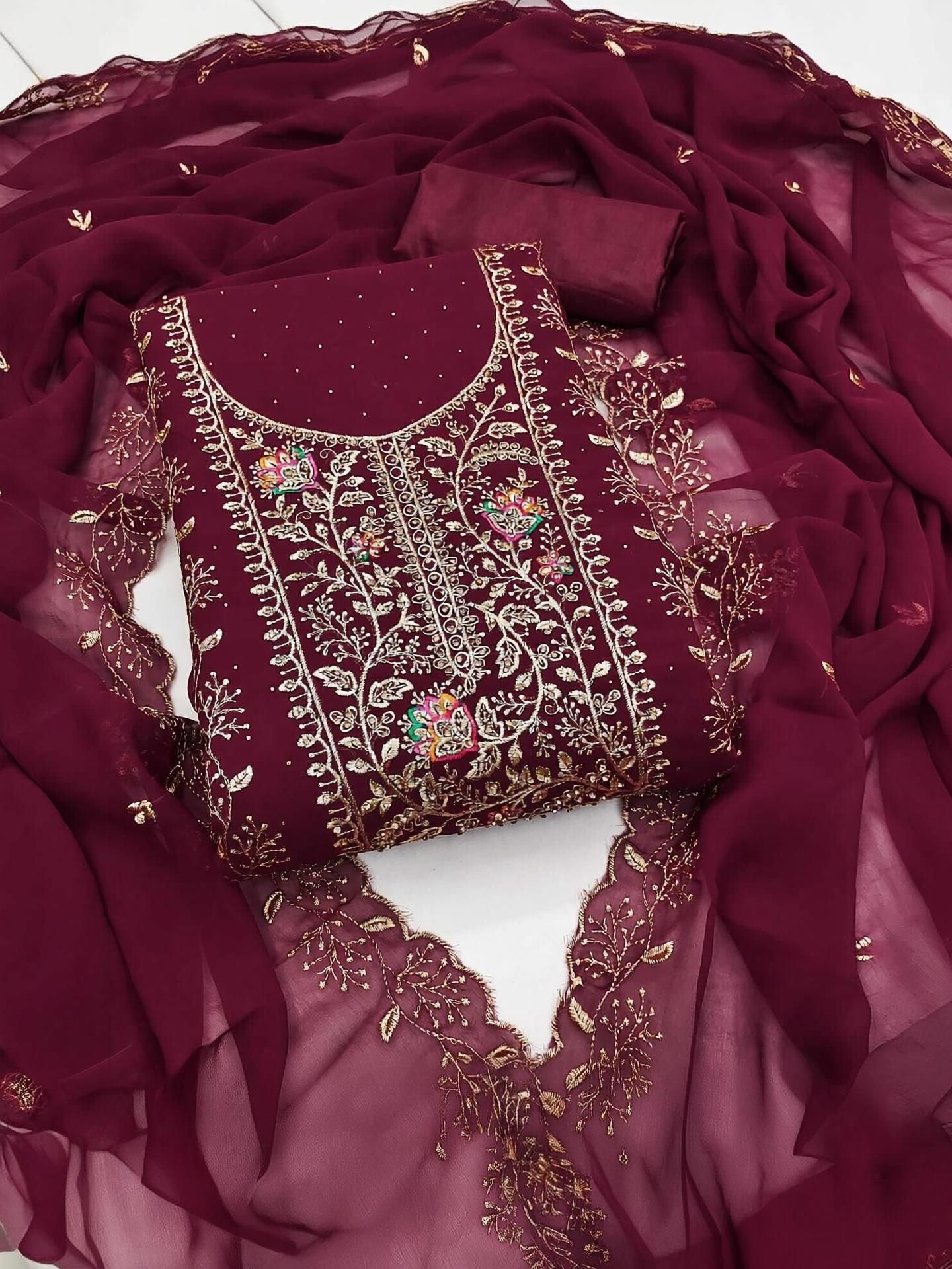 Unstitched Cotton Blend Kurta & Churidar Material Embroidered-image-29