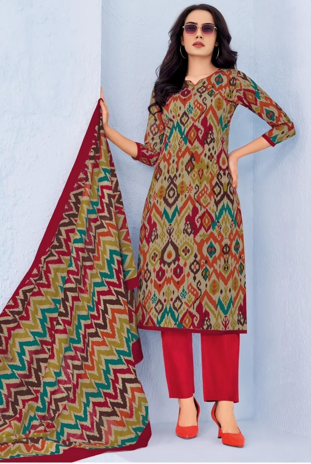 Unstitched Pure Cotton Salwar Suit Material Printed, Geometric Print, Chevron/Zig Zag-image-0