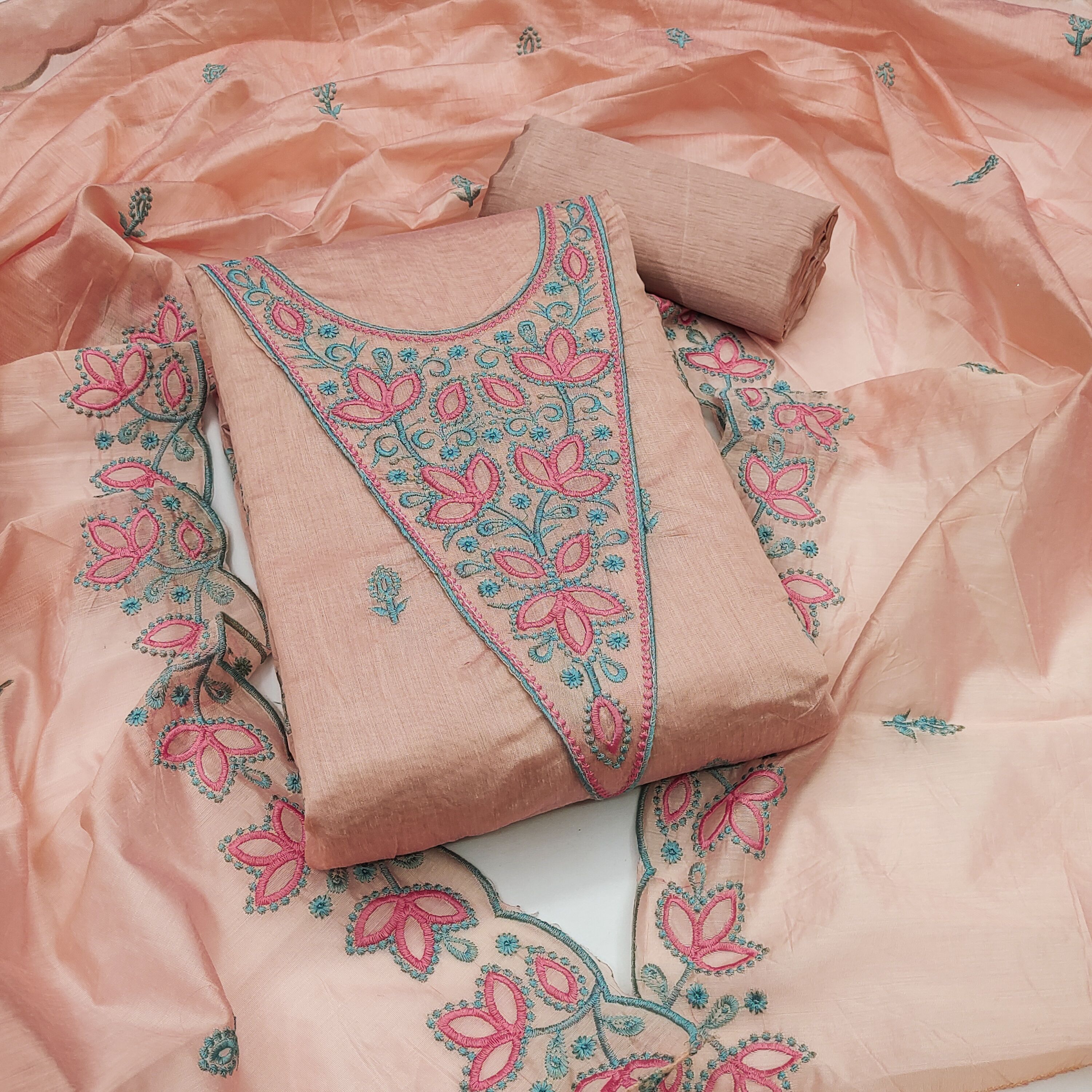 Unstitched Chanderi Suit Fabric Embroidered, Floral Print, Graphic Print-image-1
