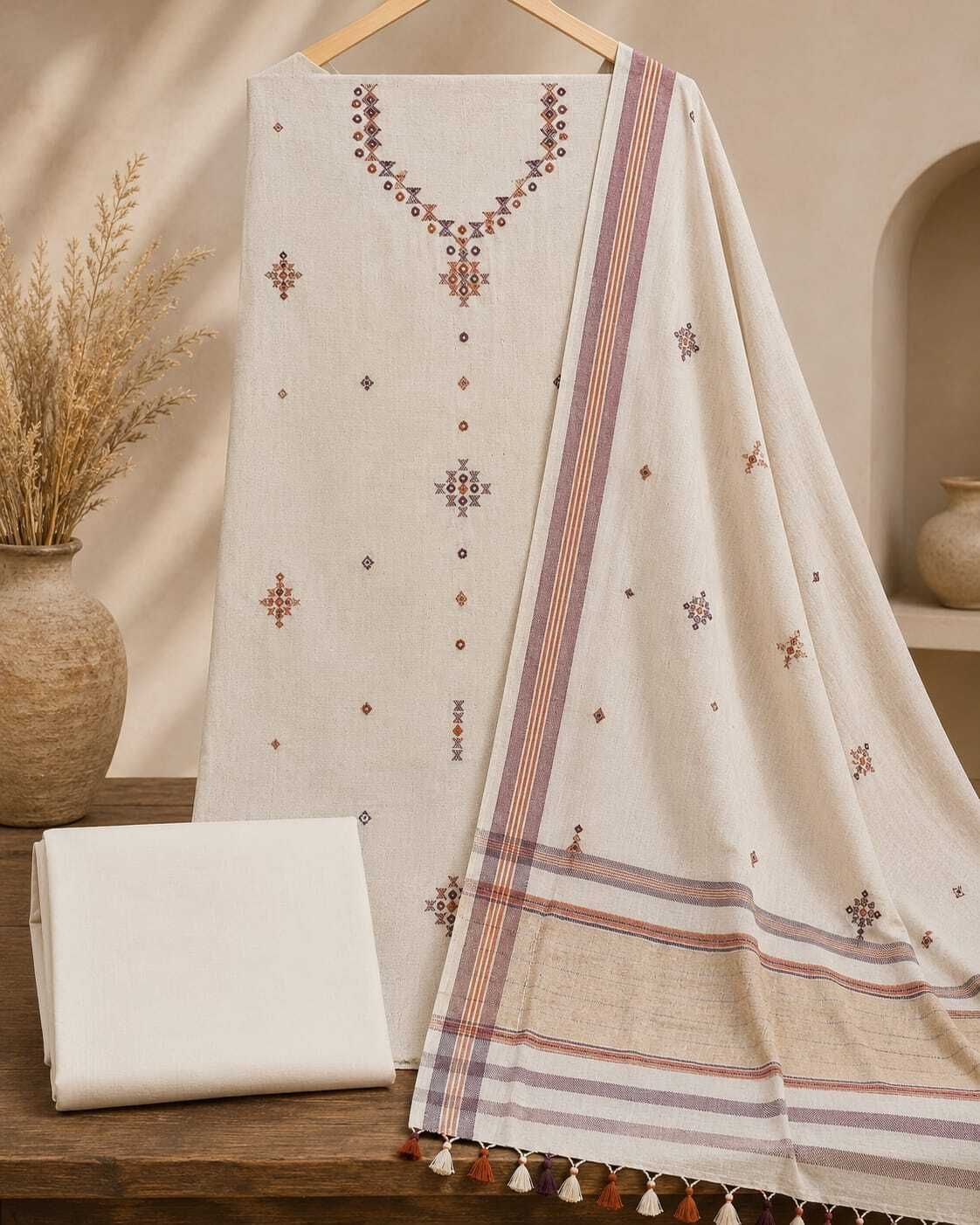 Unstitched Pure Cotton Salwar Suit Material Embellished, Striped-image-6