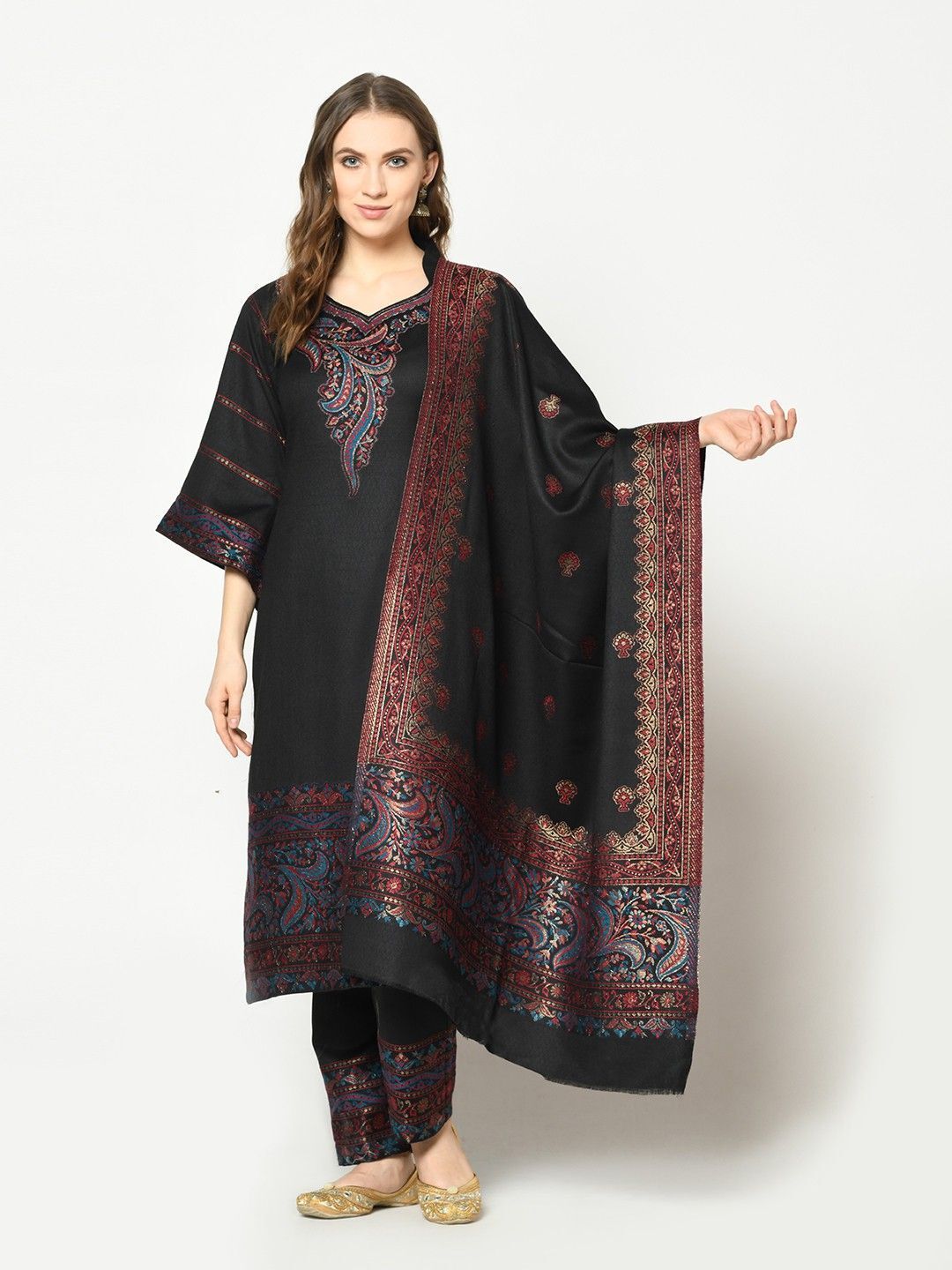 Unstitched Wool Kurta & Palazzo Material Self Design-image-49