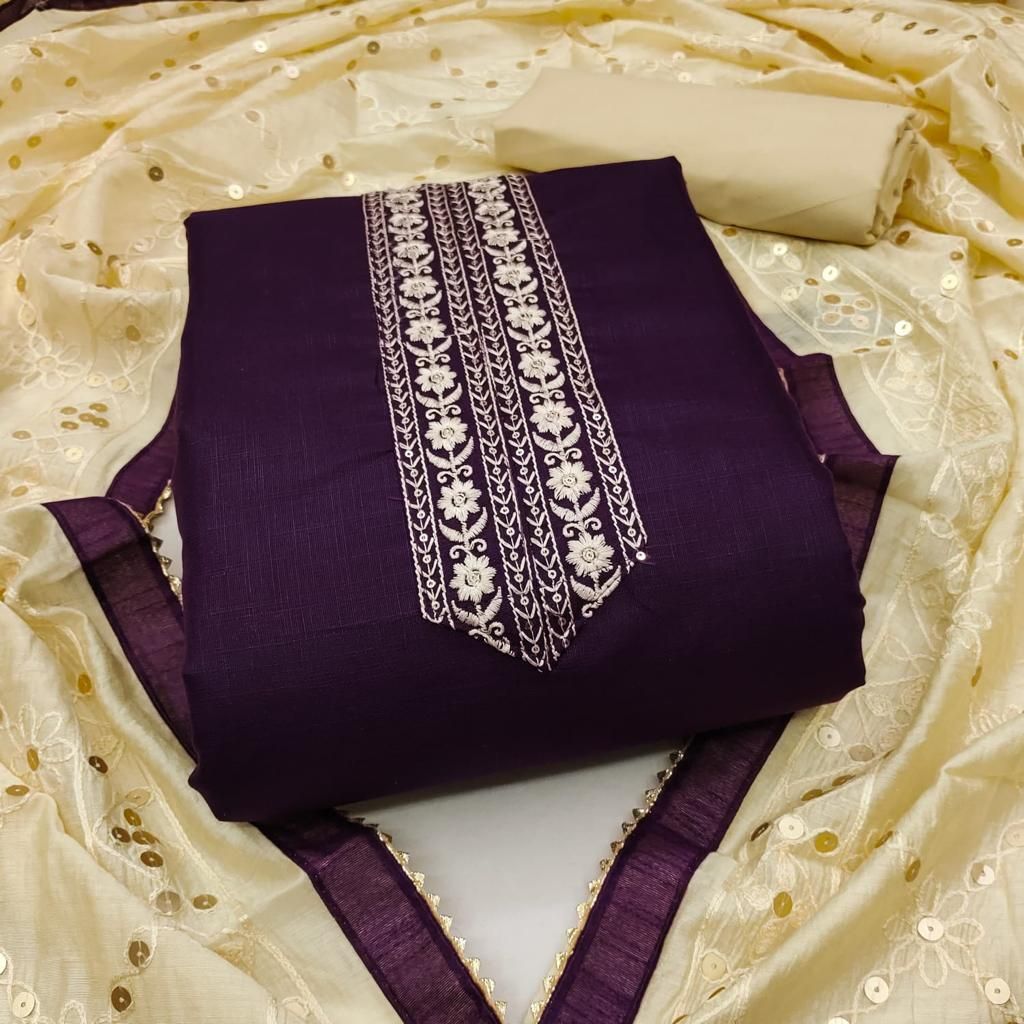 Unstitched Cotton Blend Kurta & Churidar Material Embroidered-image-28