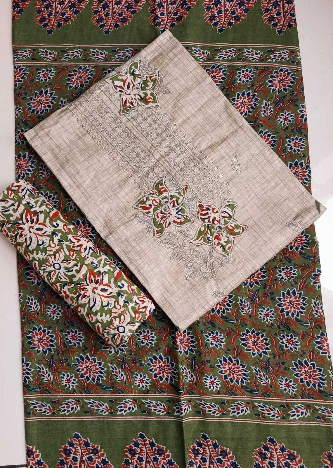 Unstitched Cotton Linen Salwar Suit Material Floral Print-image-1