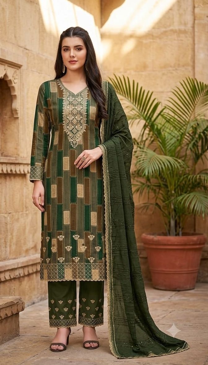 Unstitched Cotton Blend Salwar Suit Material Embroidered, Printed, Colorblock-image-25