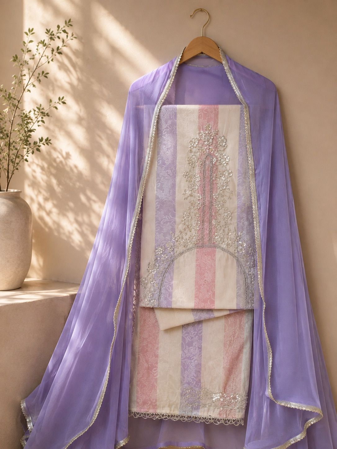 Unstitched Art Silk Gown/Anarkali Kurta & Bottom Material Embroidered, Embellished, Self Design, Striped-image-34