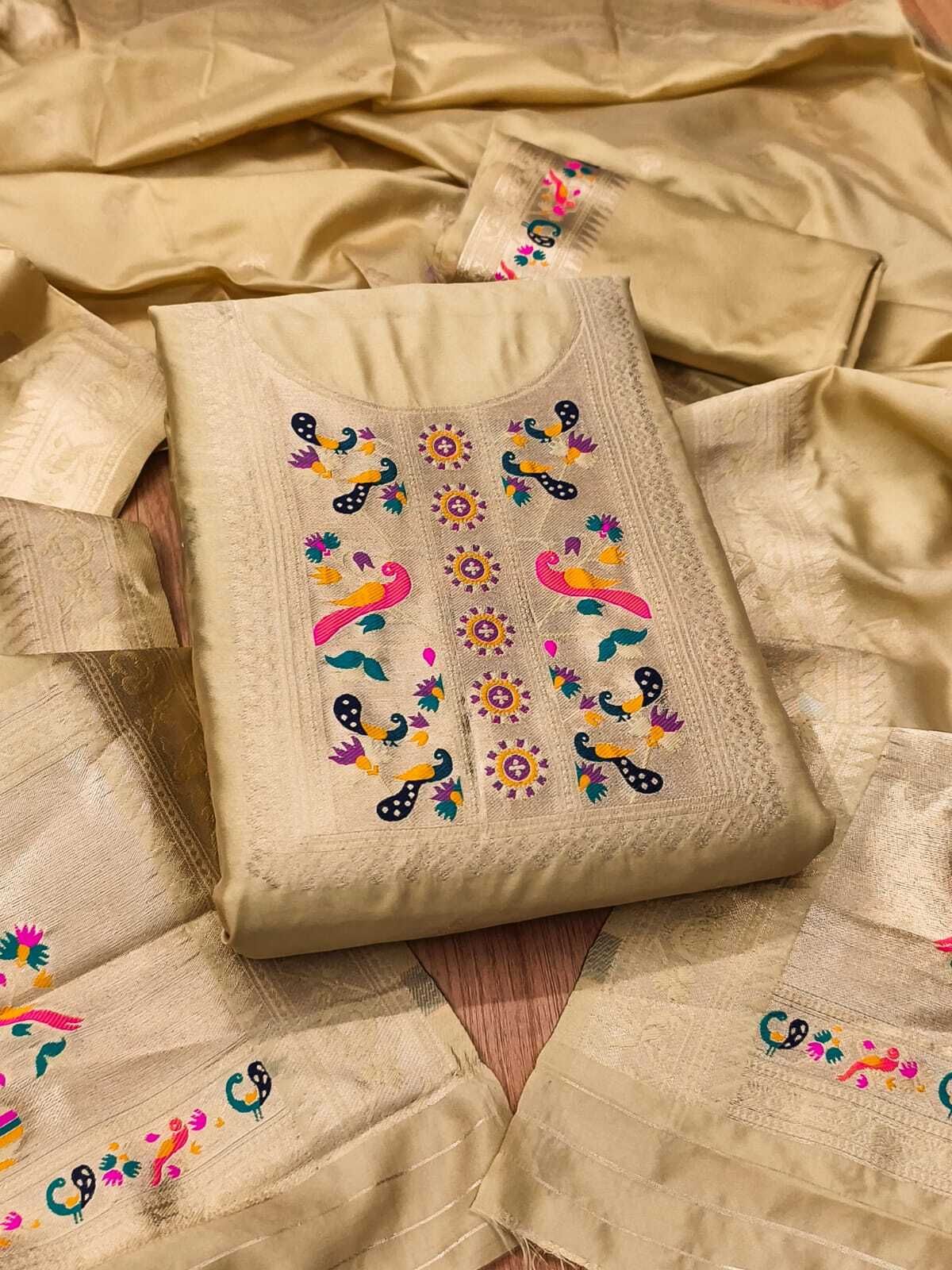 Unstitched Cotton Silk Salwar Suit Material Embellished, Self Design-image-4