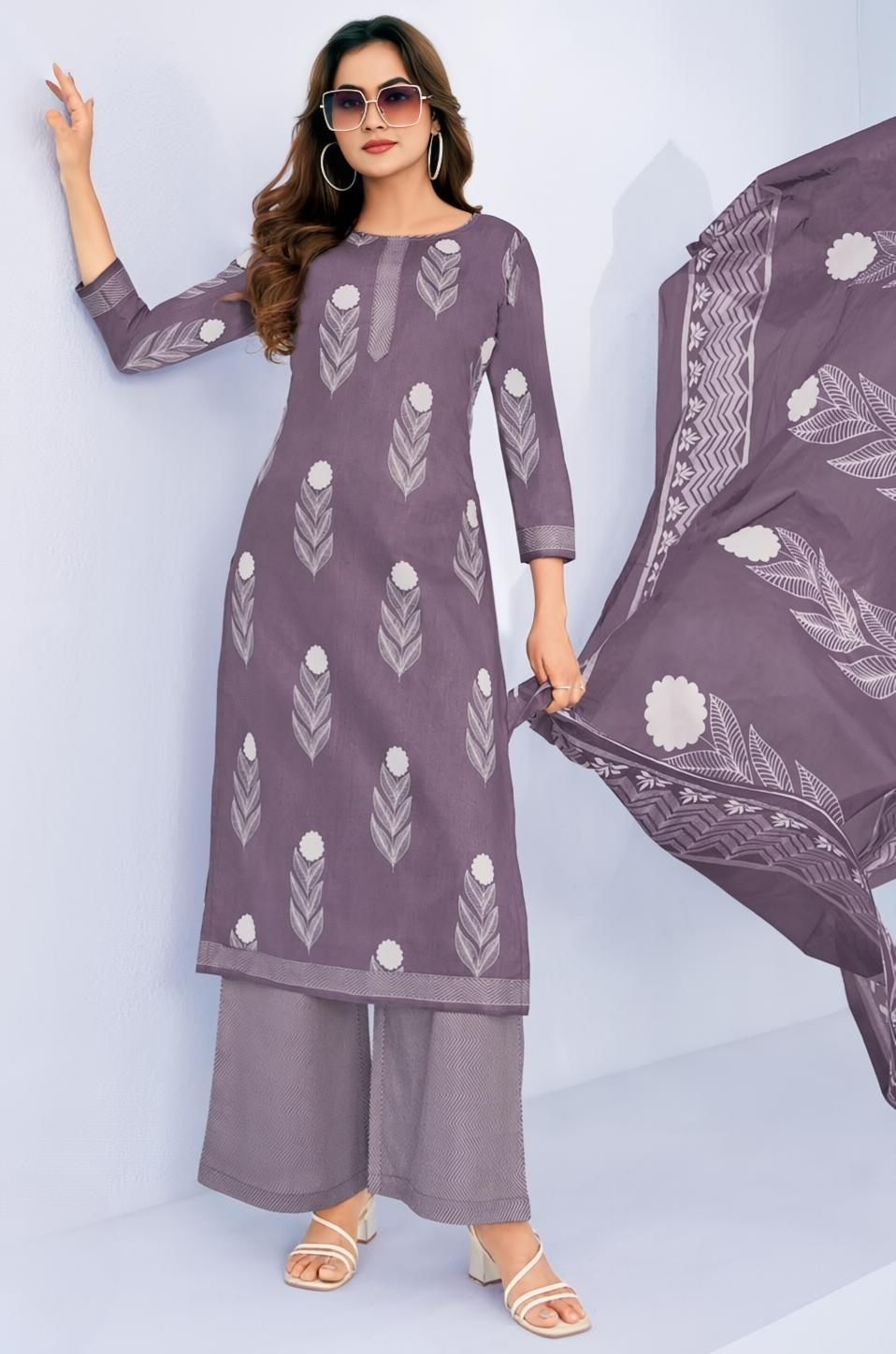 Unstitched Pure Cotton Salwar Suit Material Floral Print, Printed, Chevron/Zig Zag-image-26