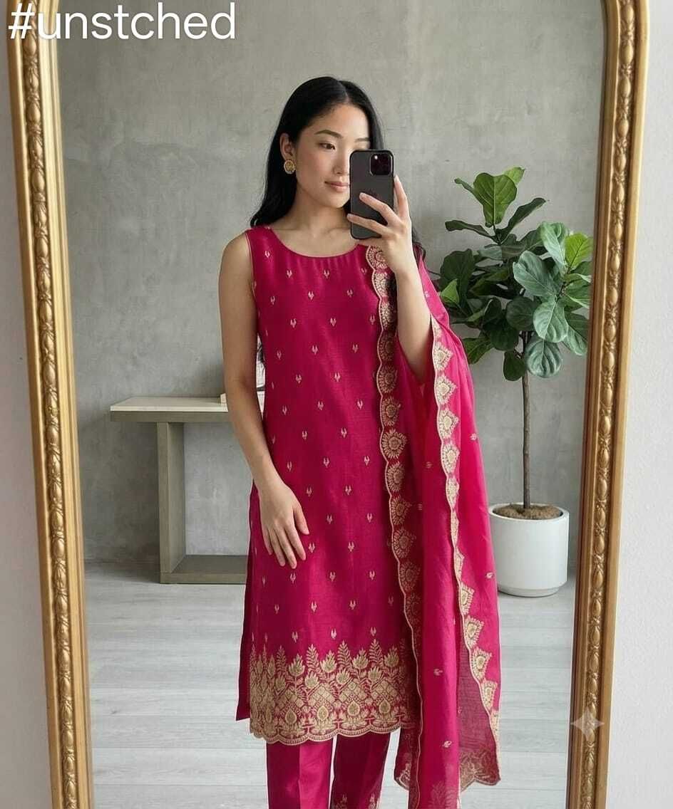 Unstitched Silk Blend Salwar and Dupatta Material Embroidered-image-10