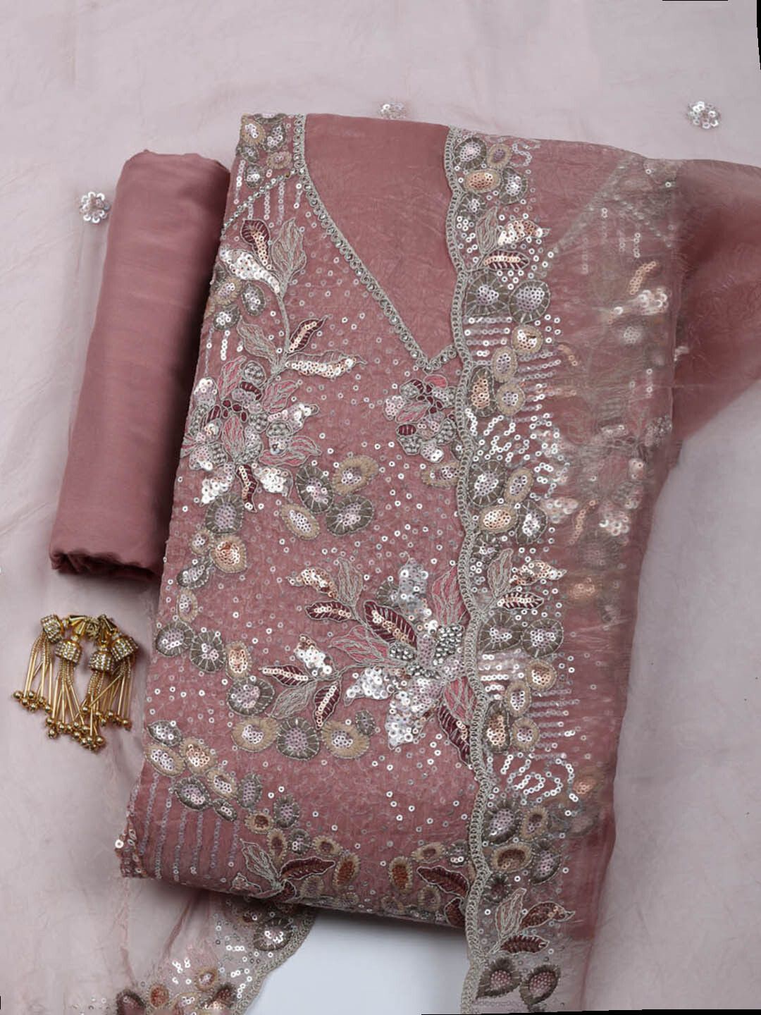 Unstitched Organza Salwar Suit Material Embroidered