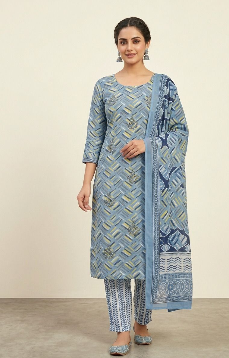 Unstitched Pure Cotton Kurta & Palazzo Material Geometric Print-image-6