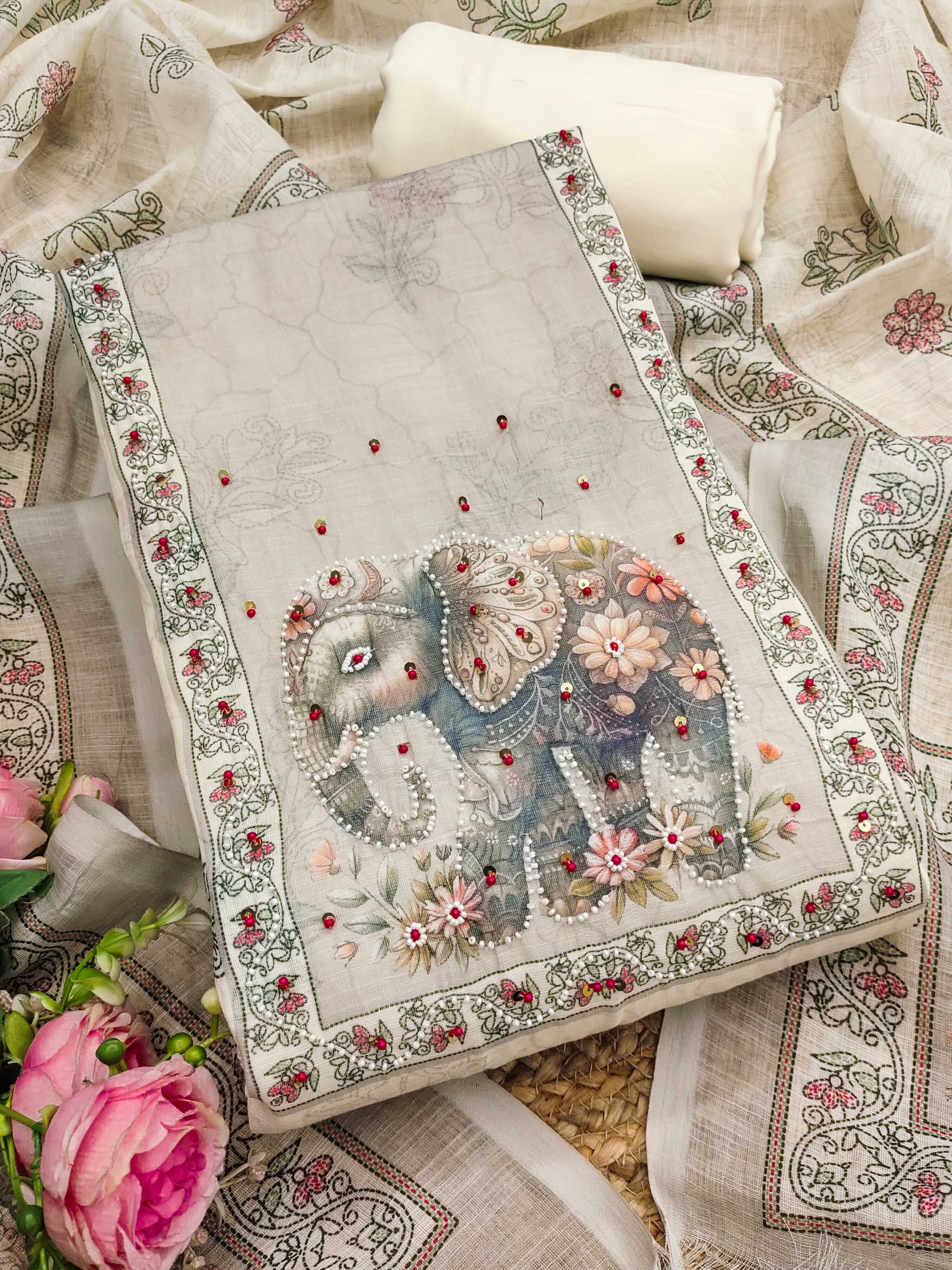 manvaa Unstitched Cotton Linen Salwar Suit Material Embellished-picture-7