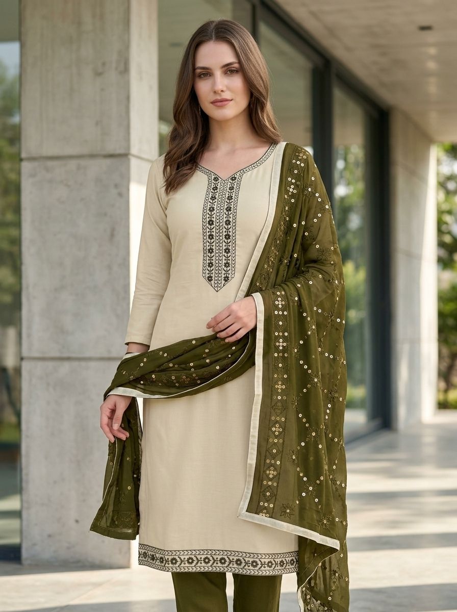 Semi Stitched Cotton Blend Kurta & Churidar Material Embroidered-image-35