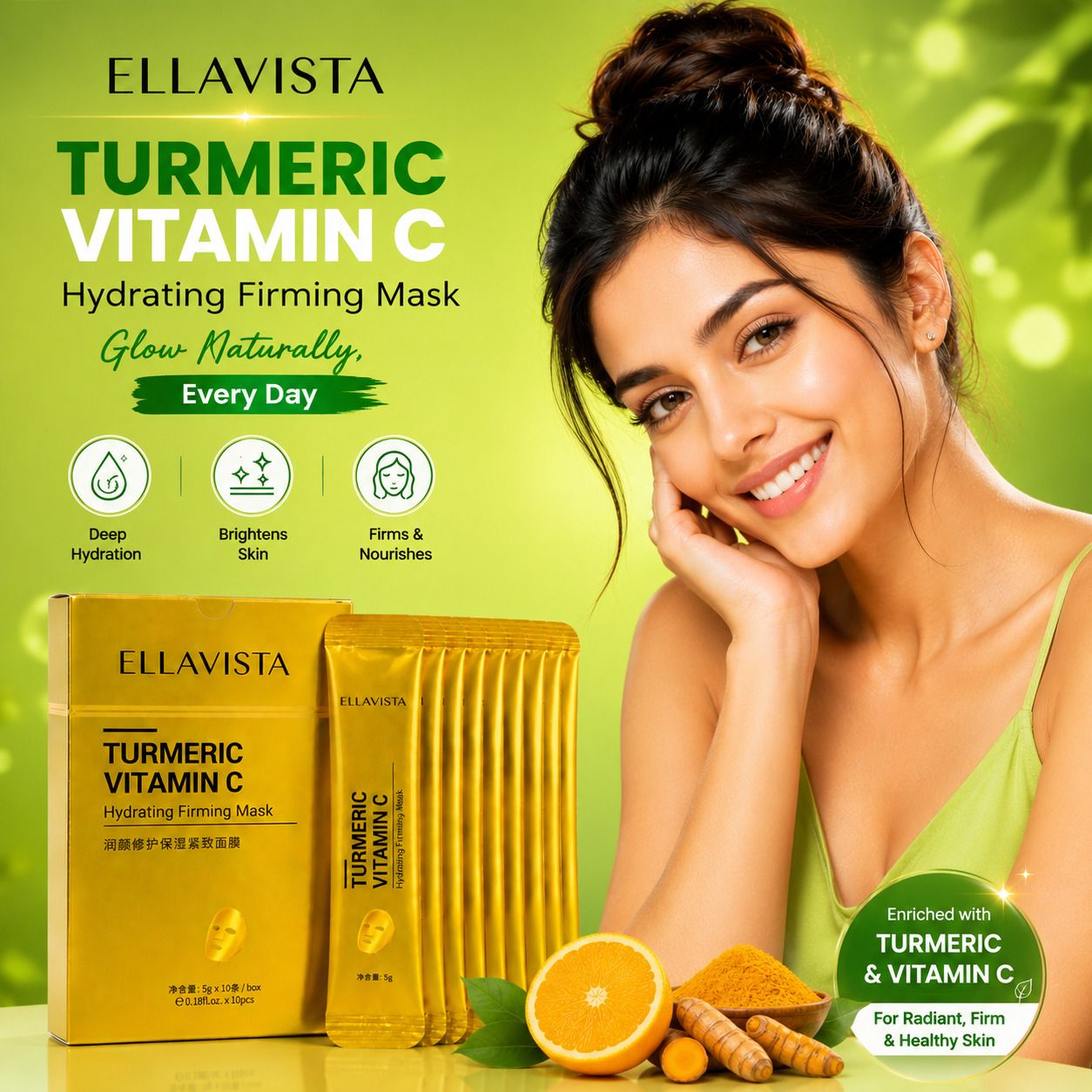 Hydrating Firming Face Mask Turmeric Vitamin C Brightening Care Pack of 10-image-2