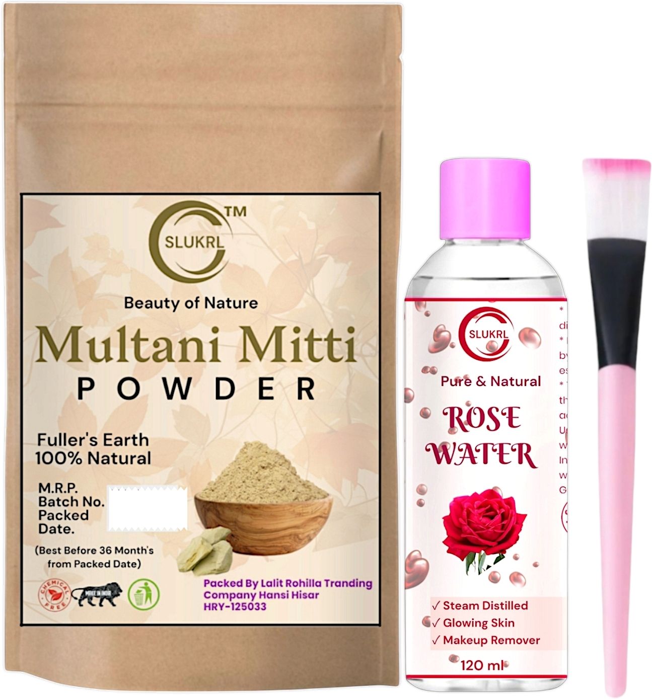Multani Mitti face Powder+Rose Water/Gulab Jal+Single Stick Brush Combo Pack