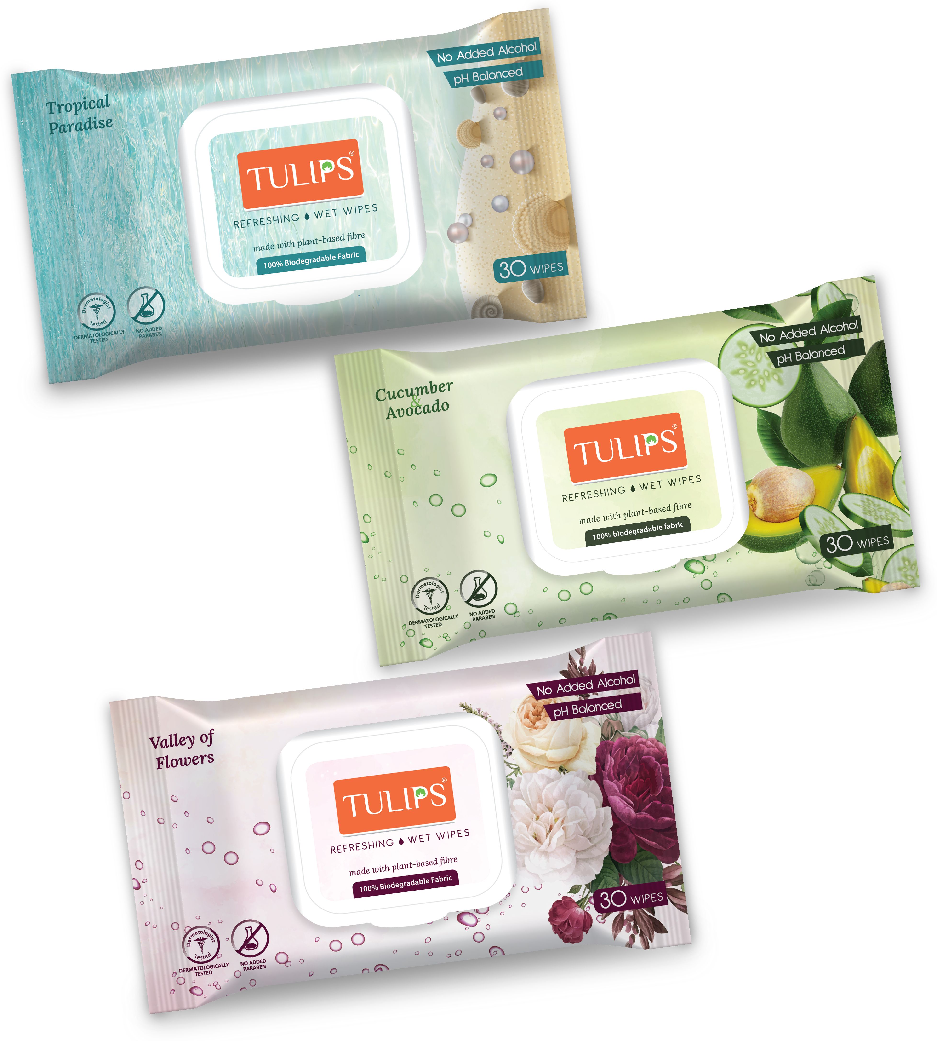Refreshing Wet Wipes with 3 Summer Fragrance- 30 Wipes Each, LID Pack