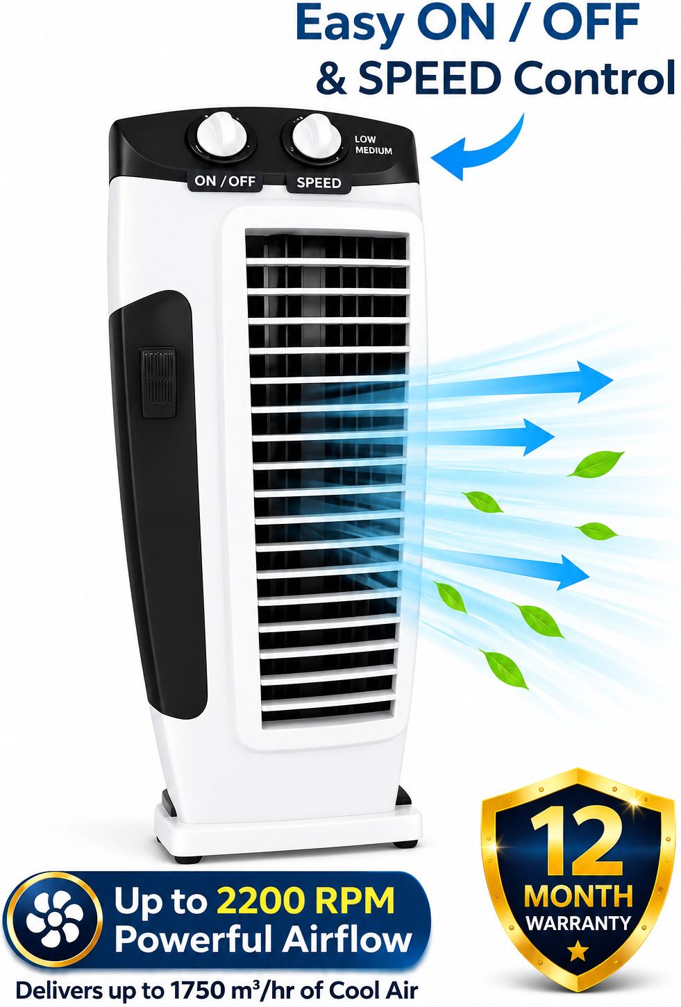 Portable Air Cooler with Easy Control Knobs, 3 Speed Settings, Powerful Airflow with 12 Months Warranty Anti Dust 60 mm Tower Fan-image-2