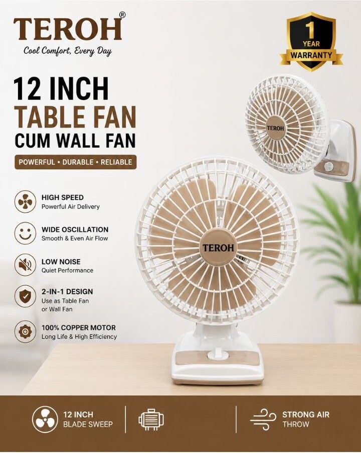 12 Inch Wall cum Table Fan with Oscillating 300 mm Fan Multicolor with 1 Year Warranty 300 mm Table Fan-image-48