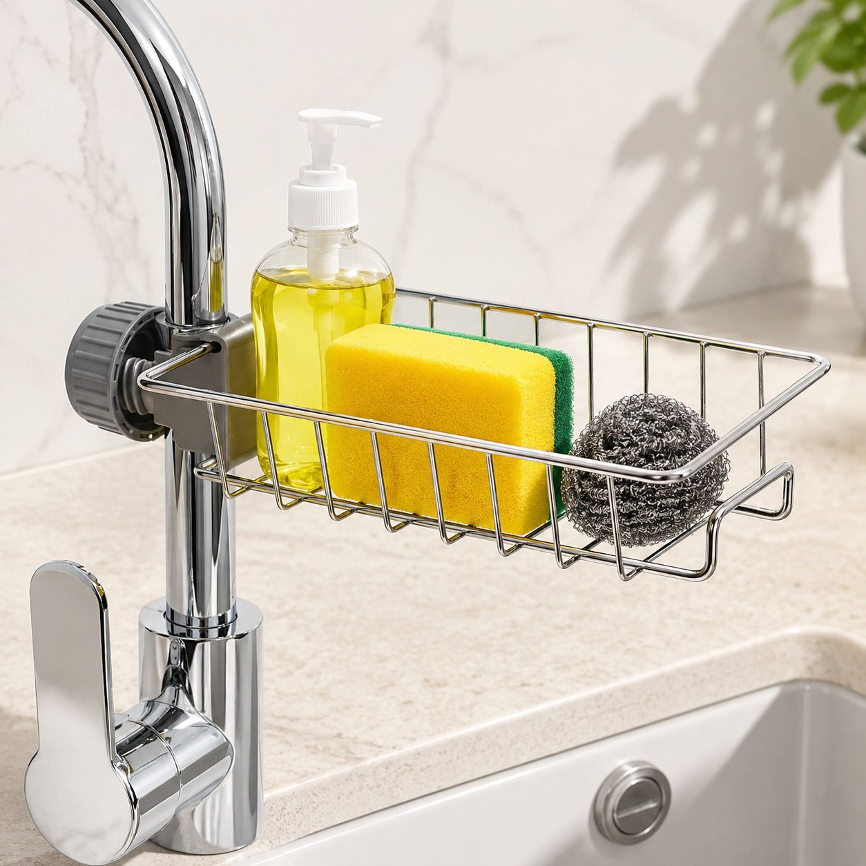 shrivara Stainless Steel Sink Caddy Faucet Sponge Soap Holder Rack Faucet Line-picture-10