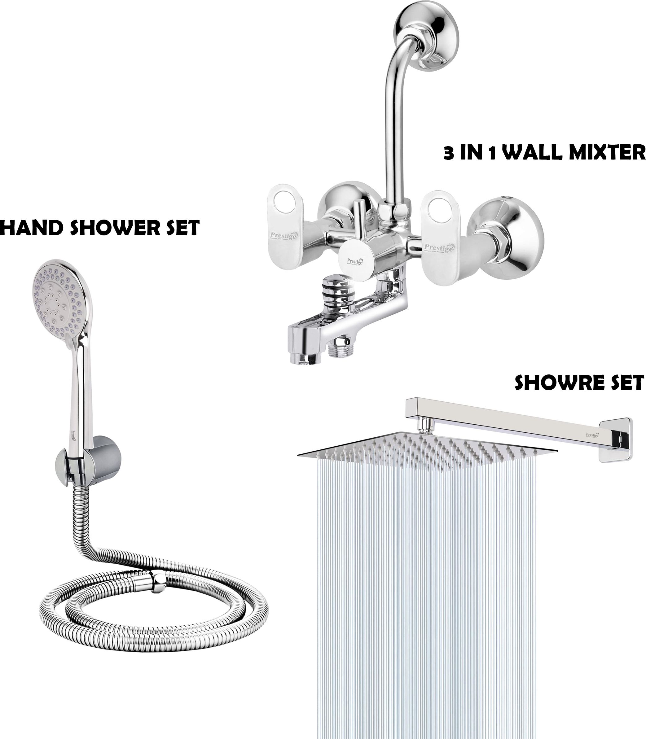 prestige With C-2 (5 Gear) Adjustable Hand shower with 1.5mtr ss tube and wall hook (Prime Brass 3 in 1 Wall mixer and 6inch stainless steel shower) Mixer Faucet-picture-10