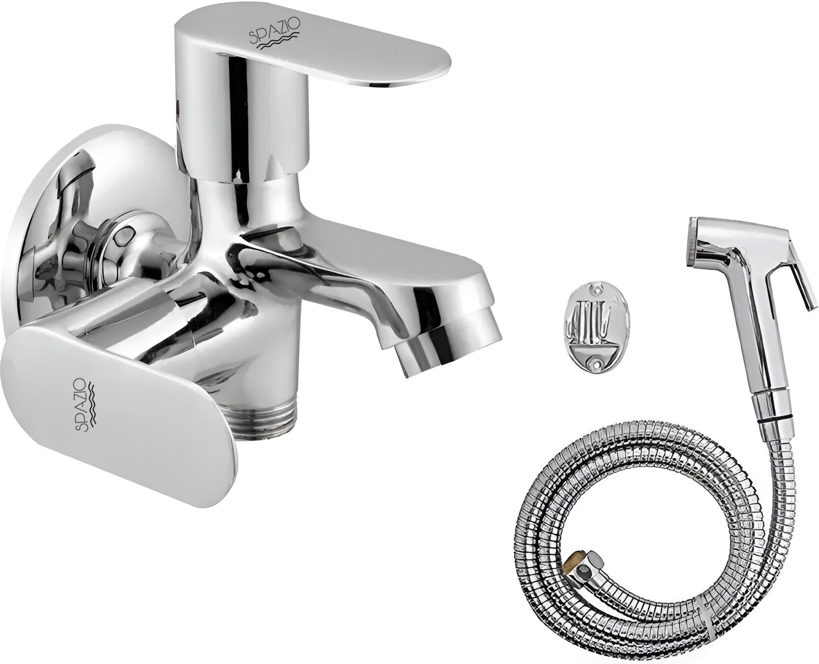 smartbuy opal collection brass 2 way bib cock wall mount (pack of 1) & jaguar health faucet set(ss 1.5m tube)for bathroom chrome finish silver plated twin elbow valve faucet
