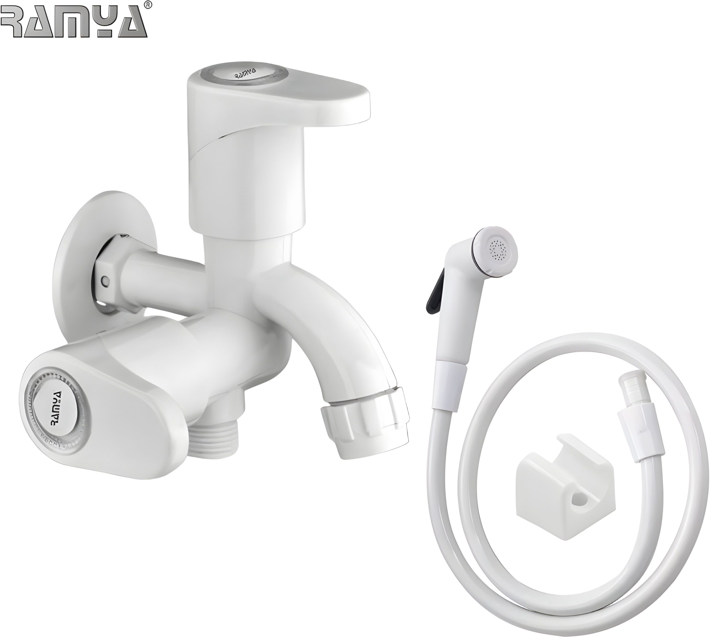 PTMT 2 IN 1 Bib Cock & Toilet Health Faucet (Heavy Plastic Tap) | Toilet Jet Spray & Bib Cock 2 Way| PTMT Faucet Premium Quality Twin Elbow Valve Faucet