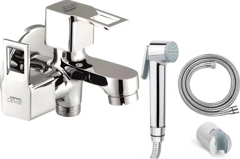 spazio SmartBuy Square Cut Collection Brass 2 Way Bib Cock Wall Mount (Pack of 1) & Star Health Faucet Set(SS 1.5m Tube)For Bathroom Chrome Finish Silver Plated Twin Elbow Valve Faucet-picture-14