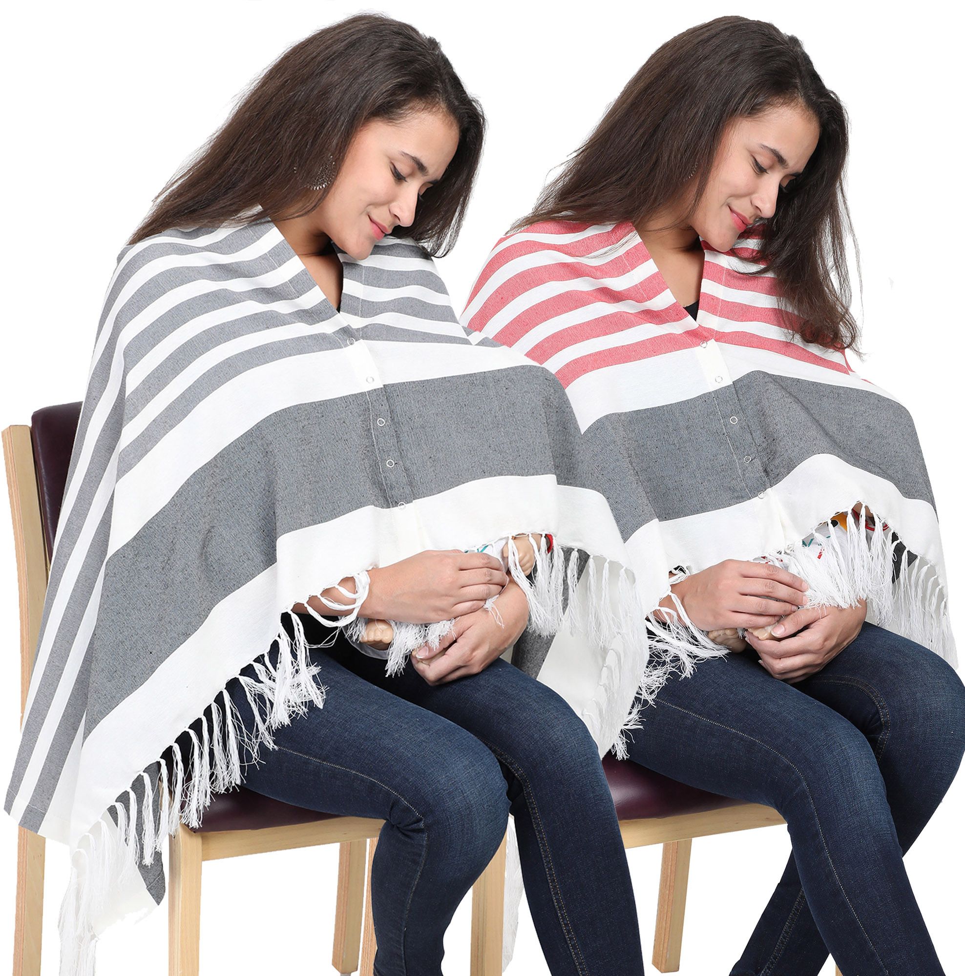 lula mom Breast Feeding Shawl, Stripes Grey & Red Pack Of 2 Feeding Cloak-picture-26