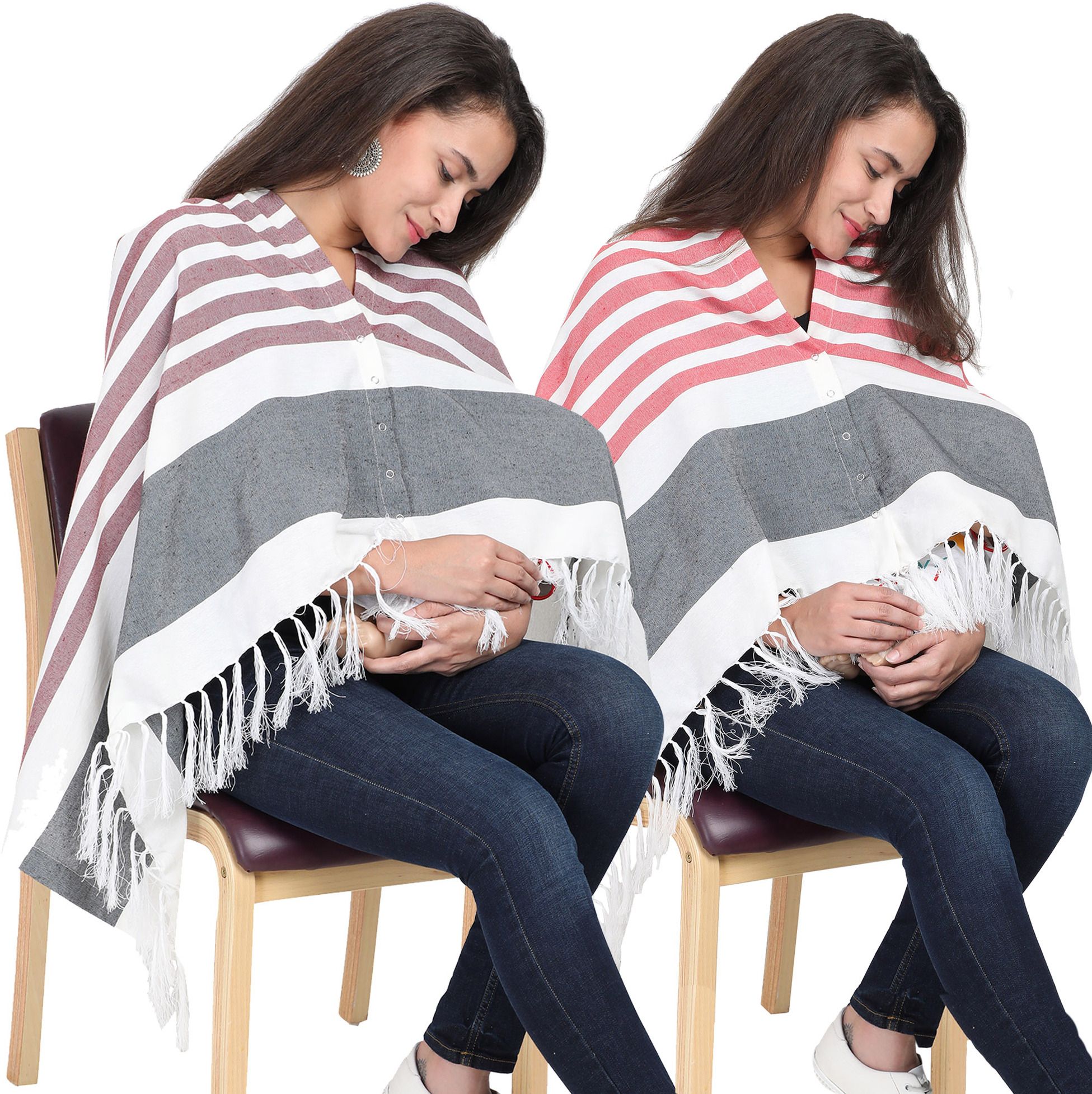 Breast Feeding Shawl, Stripes Maroon & Red Pack Of 2 Feeding Cloak-image-7