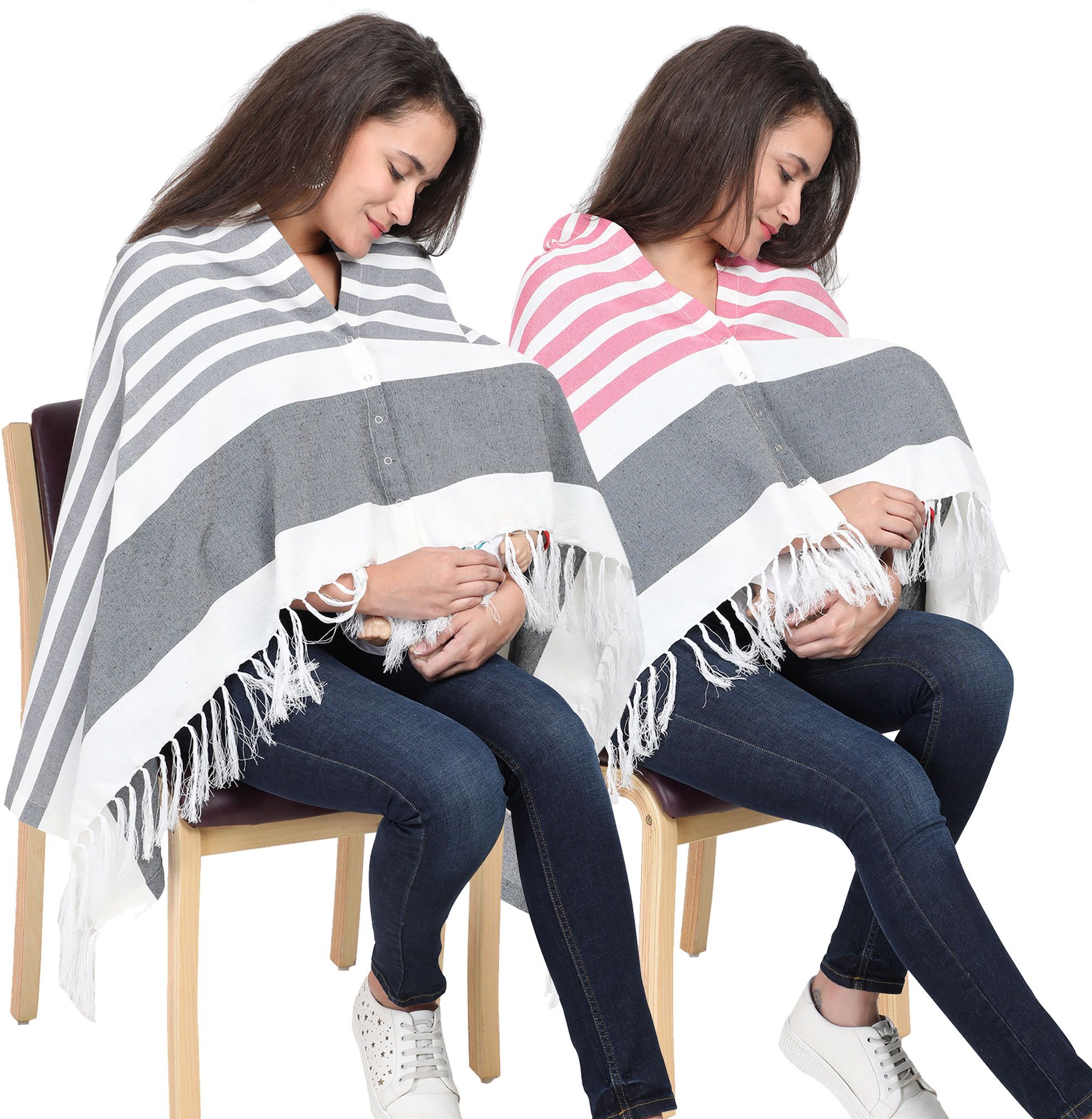 lula mom Breast Feeding Shawl, Stripes Grey & Pink Pack Of 2 Feeding Cloak-picture-25