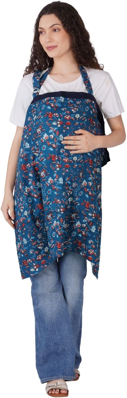 Navy Floral Cotton Printed Feeding Apron Feeding Cloak-image-3