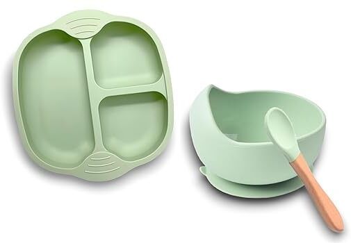 Silicone Baby Food Dish and Bowl with Wooden Handle Spoon,(Green 3 PCS Set)- Silicone-image-28