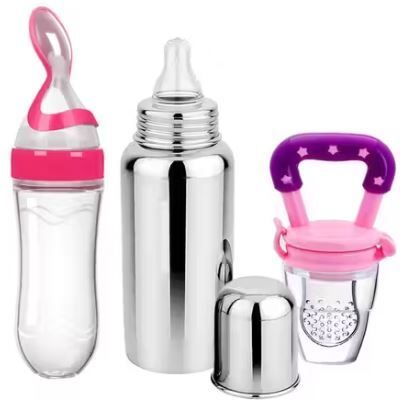 Baby Feeding Utensil Combo, Steel Feeding Bottle, Spoon Feeder & Fruit Nibbler - Stainless Steel, Silicon, polyurethane-image-3