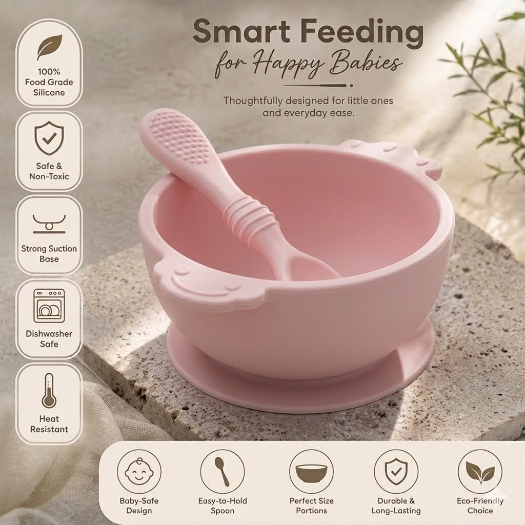 Premium Silicone Suction Baby Feeding Bowl & Spoon Set(lightpink,pack1) - Silicon-image-29