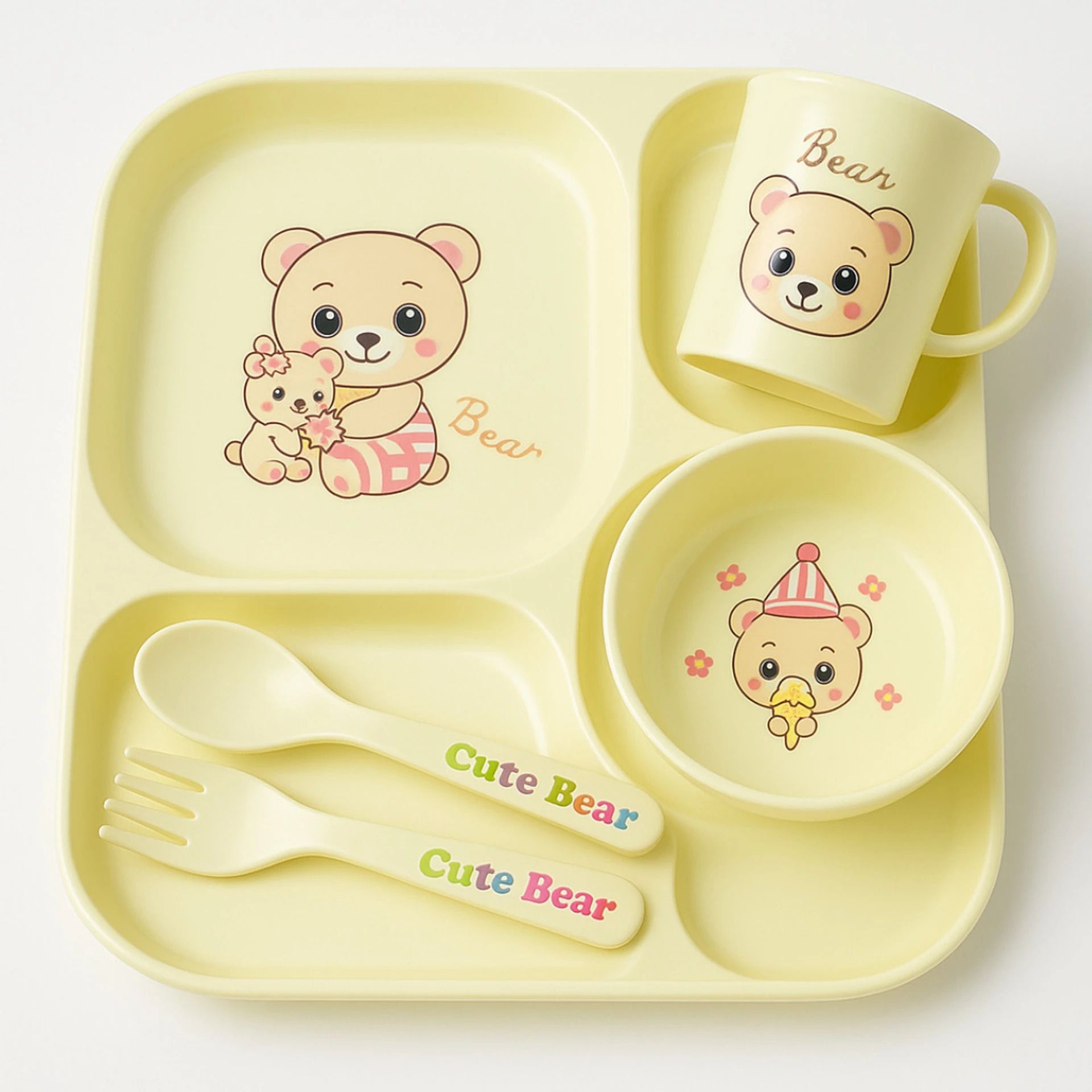 Baby Silicone Cute Bear tableware feeding set - Plate , Bowl ,Cup , Fork & Spoon - Plastic