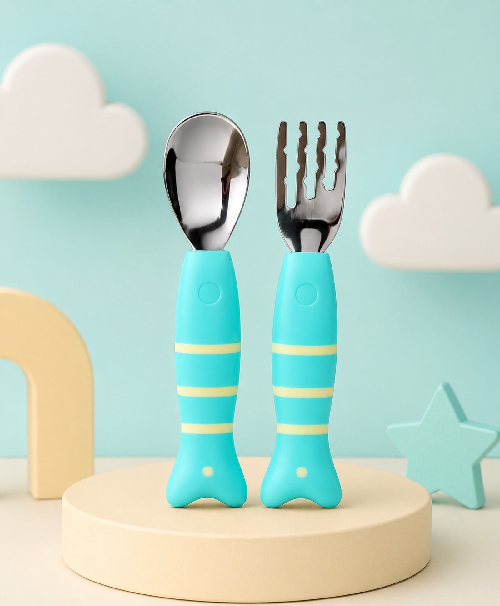 Baby Stainless Steel Spoon and Fork Set with Cute Strip Print BPA - Soft Silicone, Stainless Steel-image-39