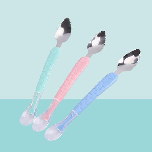 (Pack of 3pcs) 2 in 1 Silicone Baby Spoon & Stainless Steel Fruit Scraper Spoon- Plastic-image-7