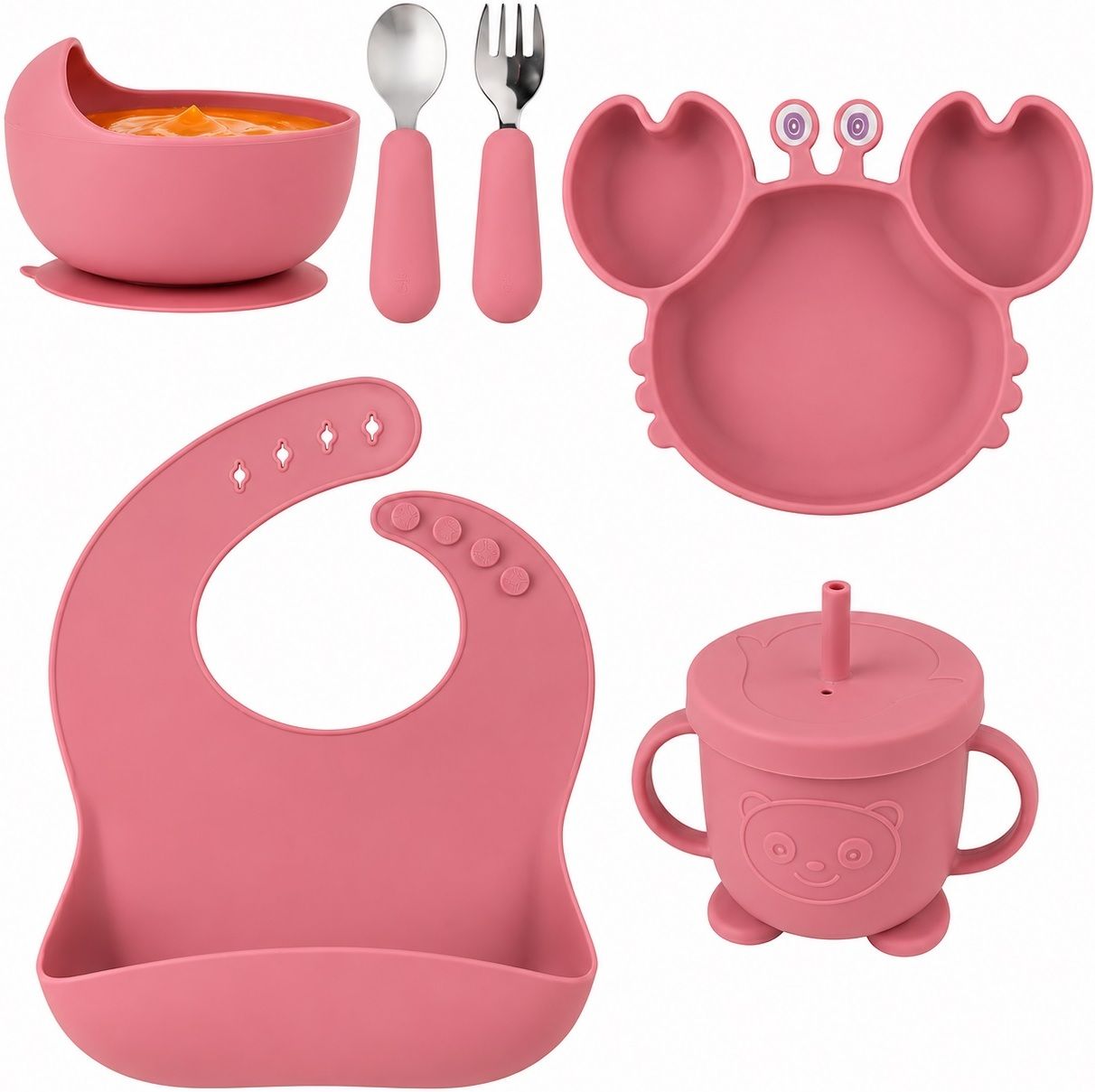 Baby Silicone Feeding Set, BPA-Free, Pink, 6 Pieces Set - Silicone-image-44