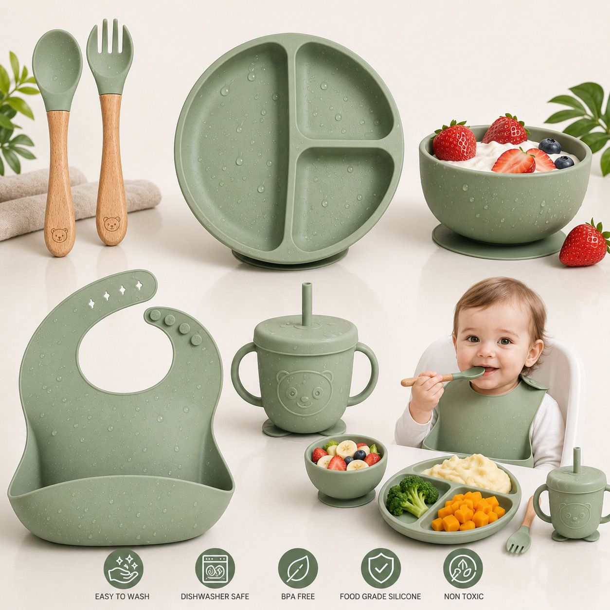 Silicone Baby Feeding Set with Suction Plate, Bowl, Bib, Cup & Utensils_Lgreen - silicone-image-9