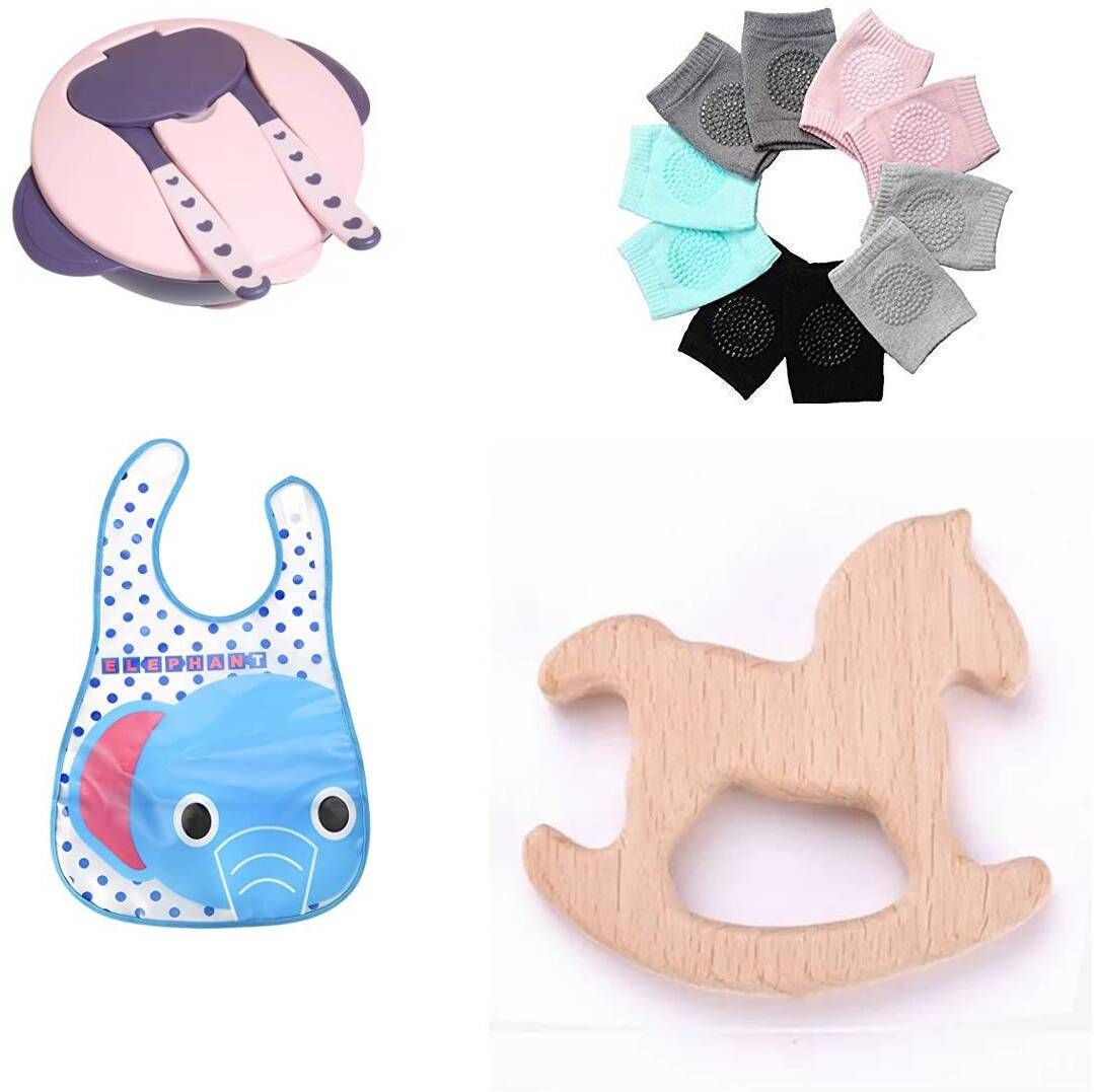 Baby Feeding Bowl Lid Spoon Plate & Fork Set with Bib Apron Teether Kneecap Pad - Sillicon BPA Free Mealtime Essentials, Natural 100% food grade, Non Toxic Feeding-image-45
