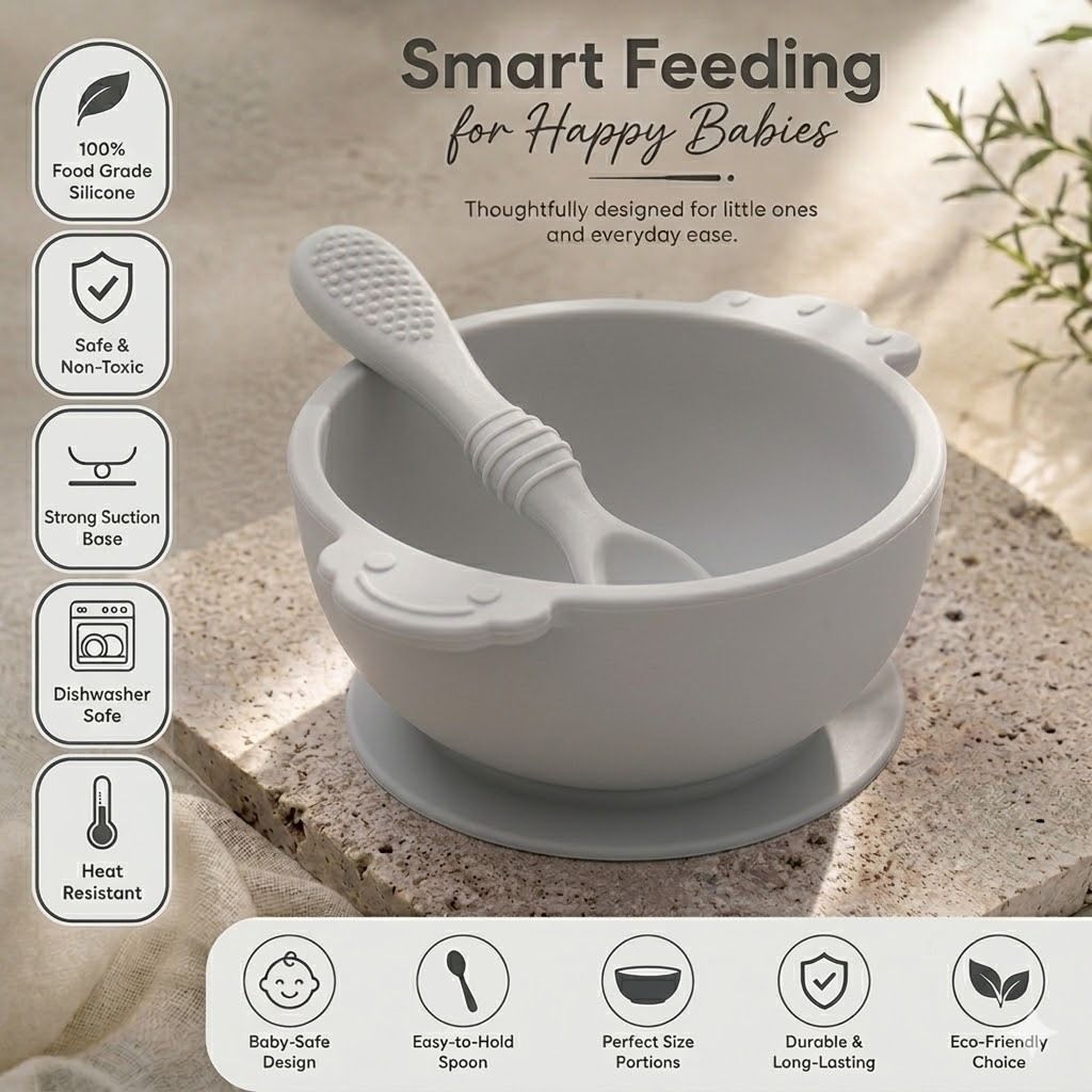 Silicone Baby Feeding Bowl & Spoon Set | BPA Free, Microwave Safe(Gray,packof 1) - Silicon-image-3