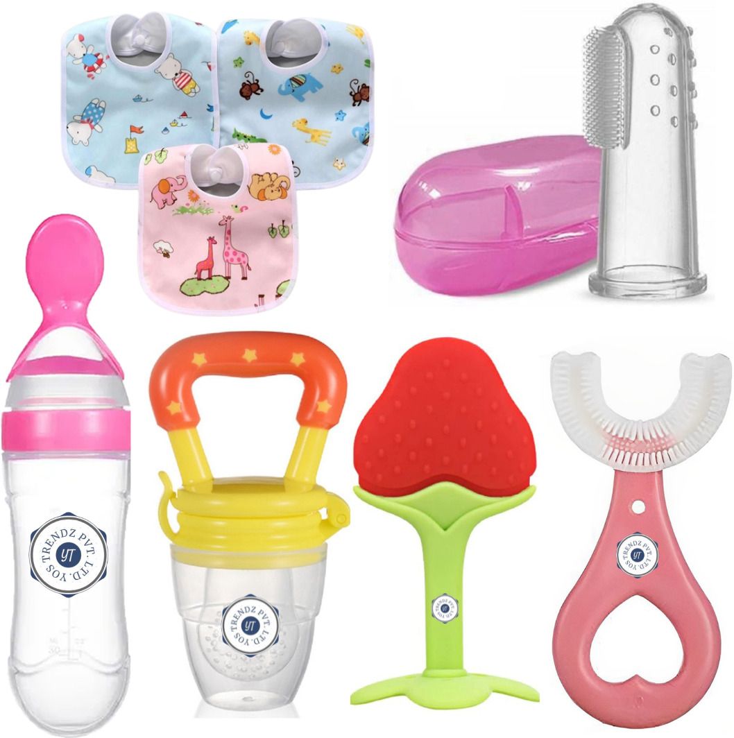 Baby Fruit Feeder, Teether, Finger Brush, Bibs & Spoon Feeder Pack of 8- Silicon