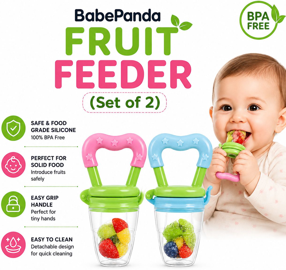 babepanda Baby Food Feeder Set of 2 | BPA Free Fruit Nibbler for Toddlers & Infants - Silicon, Polypropylene-picture-37
