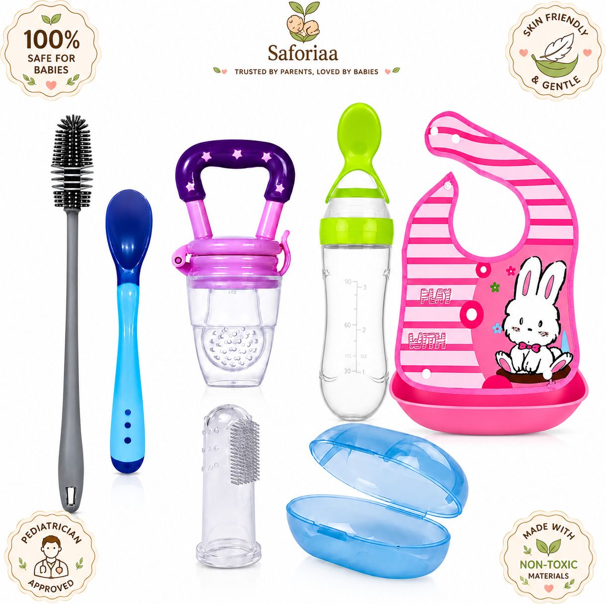saforiaa 6-in-1 Baby Feeding & Oral Care Combo Set (Spoon Bottle 90ml, Nibbler, Bib) - Silicone & BPA-Free Plastic-picture-11