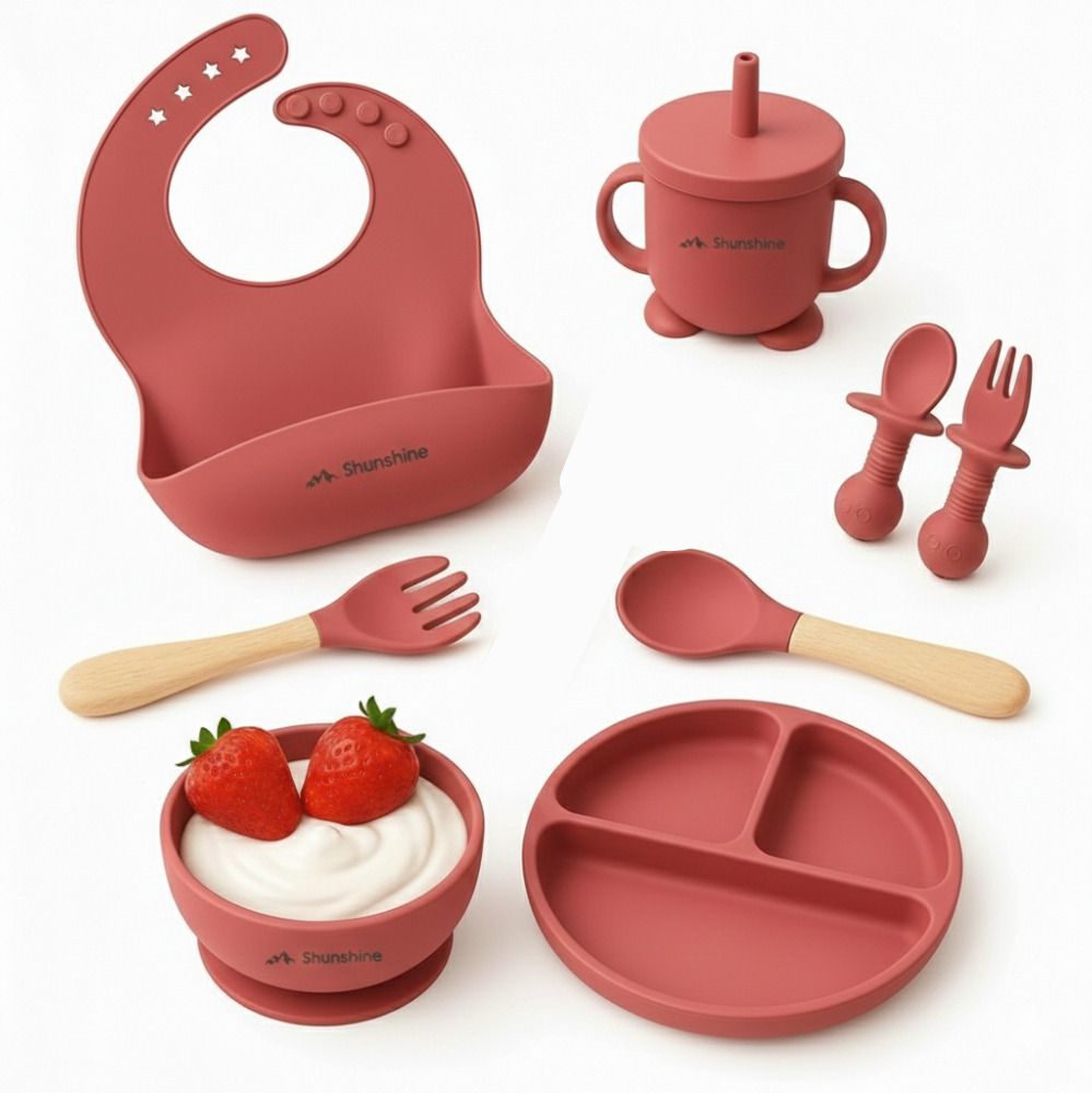 shunshine 8Pcs Baby Feeding Set with Suction Bowl, Plate, Cup, Spoon, Fork & Bib - Silicone-picture-29