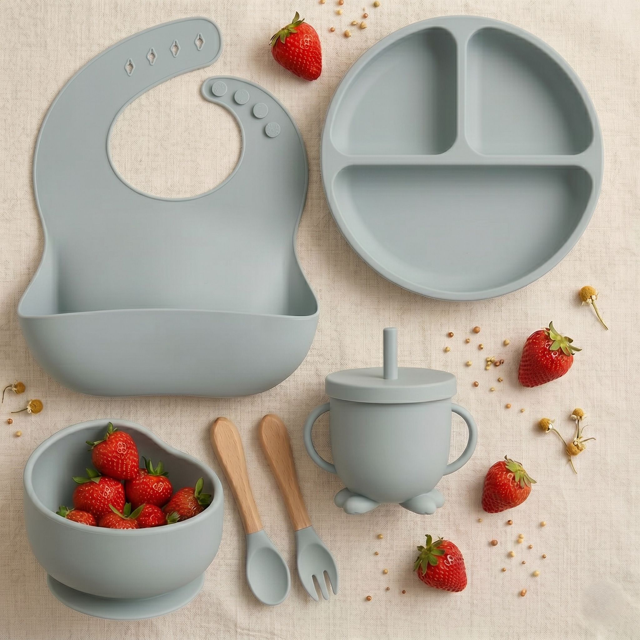 6Pcs Baby Feeding Set Silicone Plate Bowl Bib Cup Spoon Fork BPA Free - Silicon, Wood-image-43